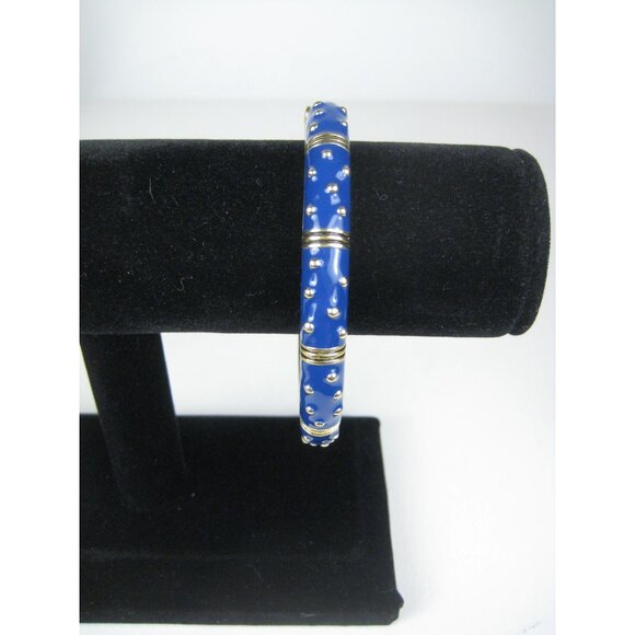 Enamel Gold Tone Hinged Bangle Bracelet 6 Inch Inner Cir Textured Polka Dots - Picture 6 of 8